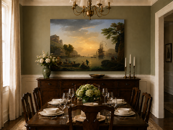 Hand-painted coastal ships and figures landscape artwork in an interior display.