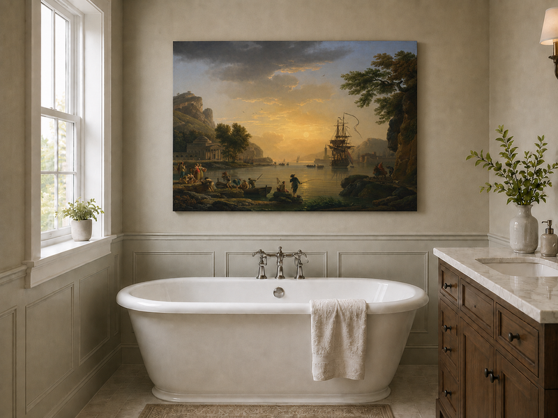 Coastal sunset with ships and figures landscape oil painting presented as styled home decor.