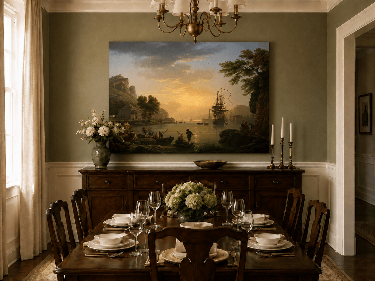 Hand-painted coastal ships and figures landscape artwork in an interior display.