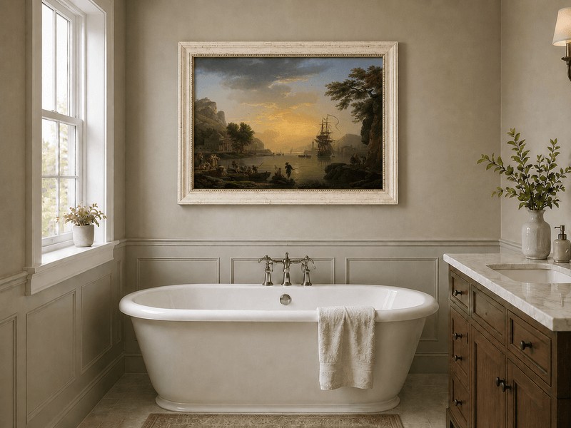 Coastal sunset with figures landscape oil painting presented as interior home decor.