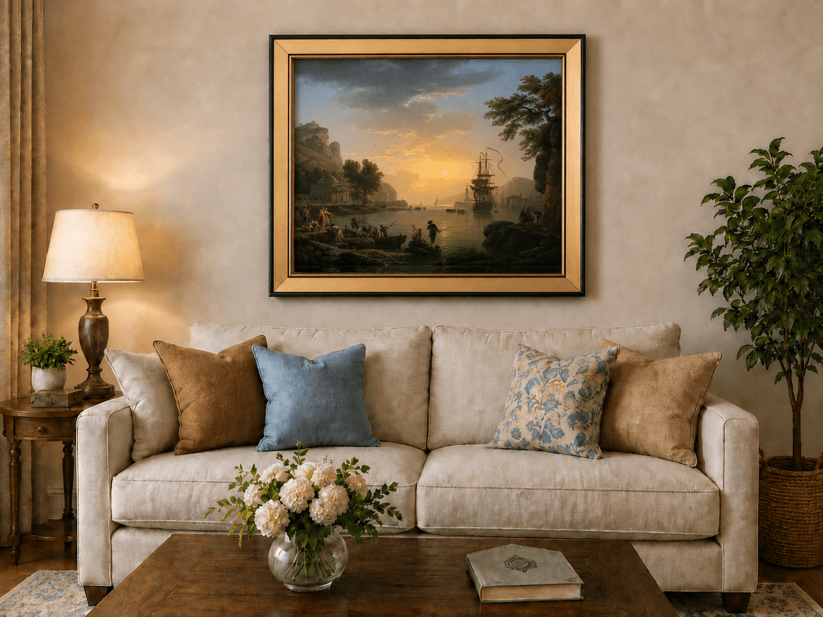 Coastal sunset with ships and figures landscape oil painting displayed in a styled home interior.