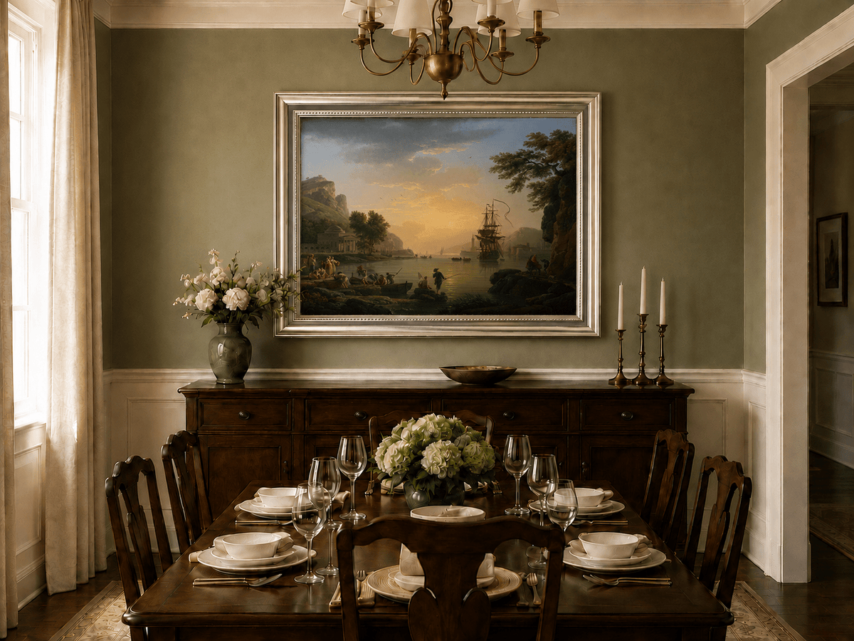 Coastal sunset and sailing ships oil landscape artwork shown in a styled home interior.