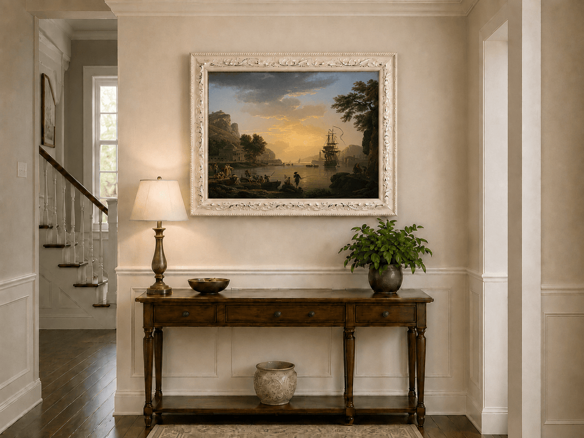 Coastal sunset with ships and figures hand-painted oil artwork shown as home wall decor.