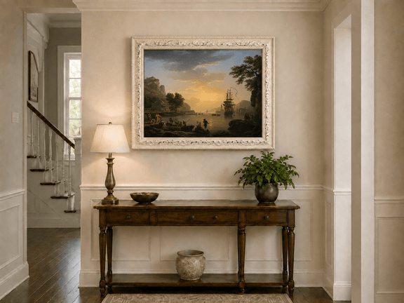 Coastal sunset with ships and figures hand-painted oil artwork shown as home wall decor.