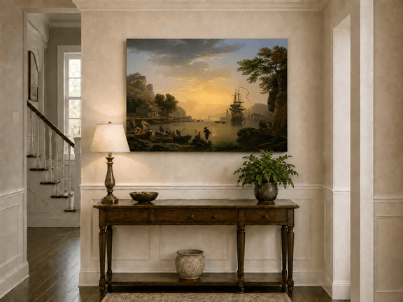 Coastal ships at sunset landscape painting shown as decorative oil wall art.