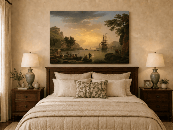 Coastal sunset with ships oil painting displayed as landscape wall decor.