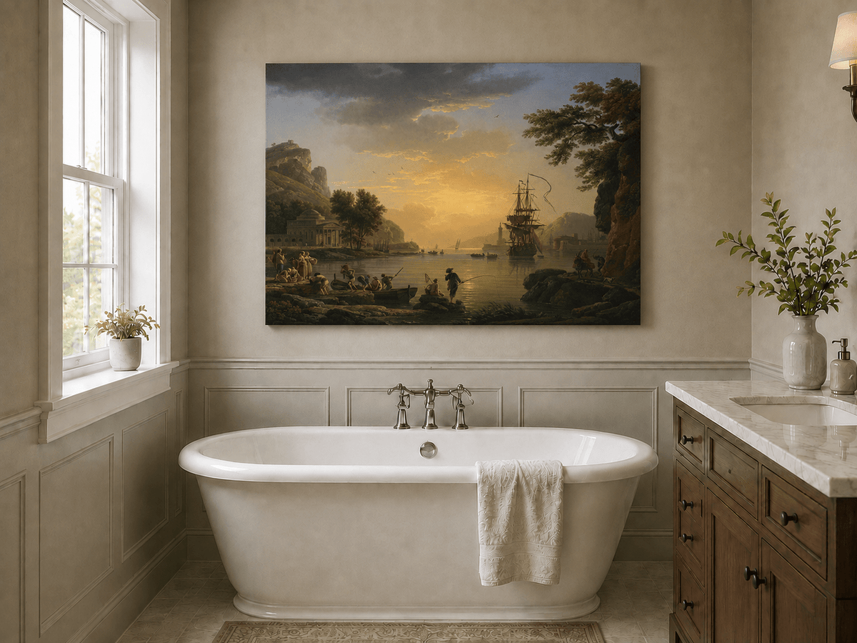 Coastal sunset with ships and figures landscape oil painting presented as styled home decor.