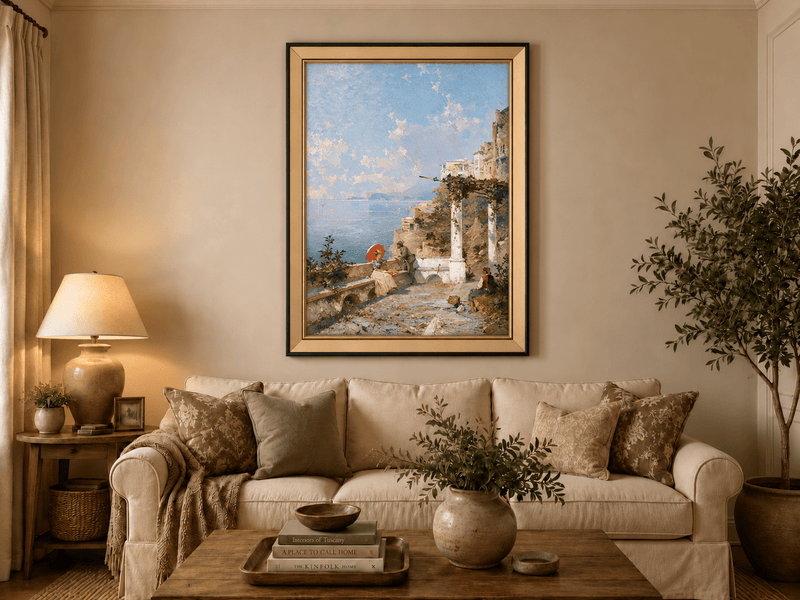 Landscape Oil Painting - Coastal Terrace with Red Parasol