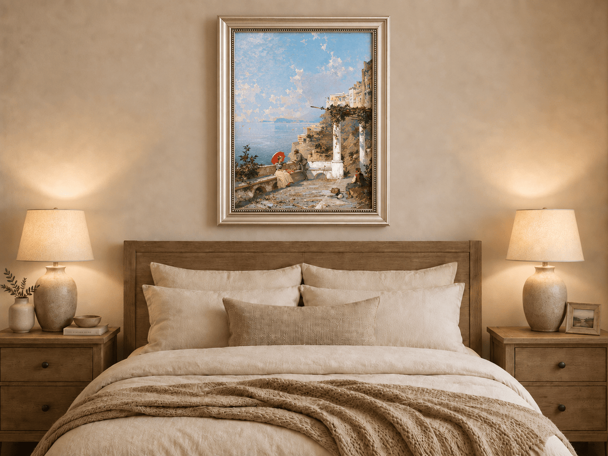 Landscape Oil Painting - Coastal Terrace with Red Parasol