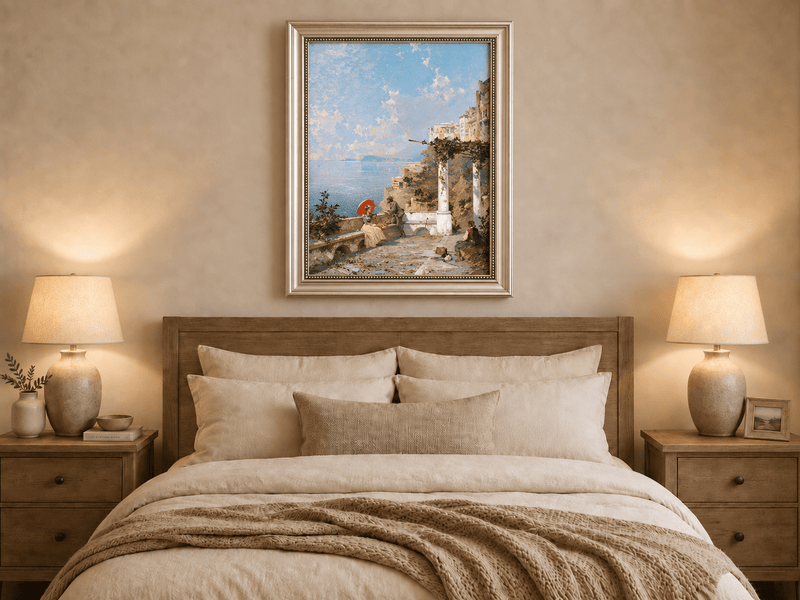 Landscape Oil Painting - Coastal Terrace with Red Parasol