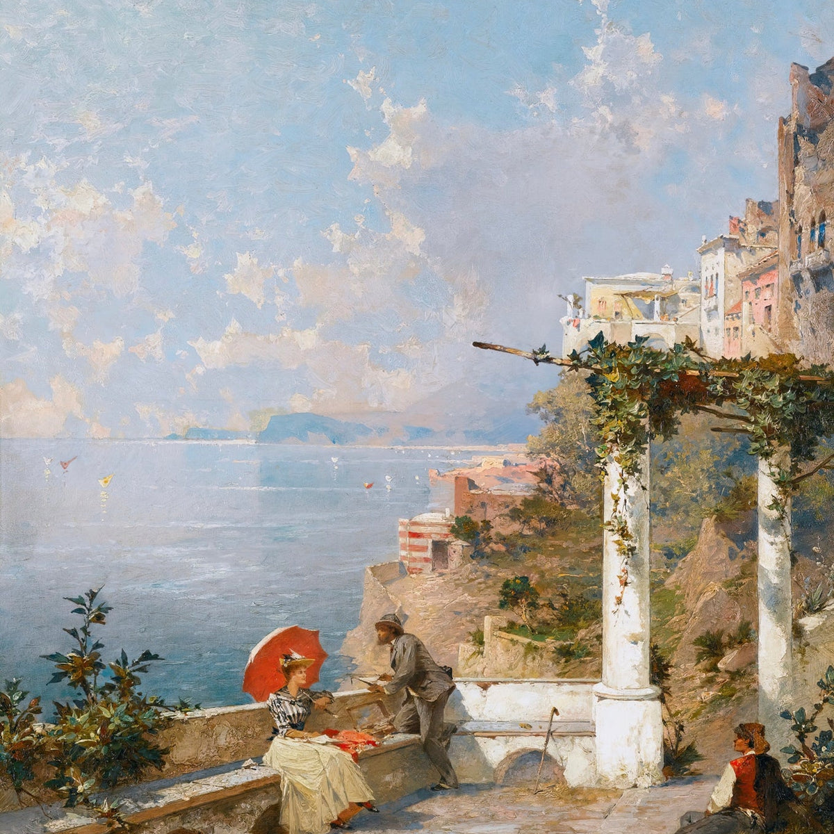 Hand-painted coastal terrace with red parasol landscape oil painting on canvas