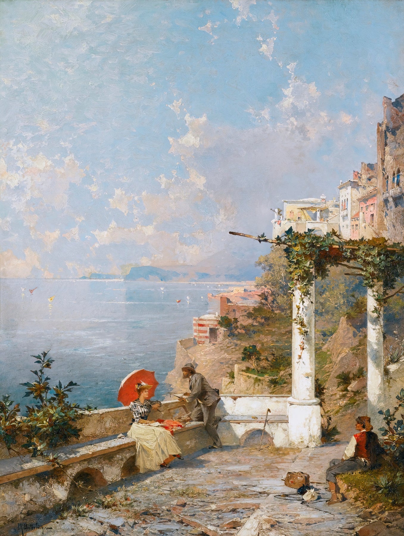 Landscape Oil Painting - Coastal Terrace with Red Parasol - Oil Painting Haven