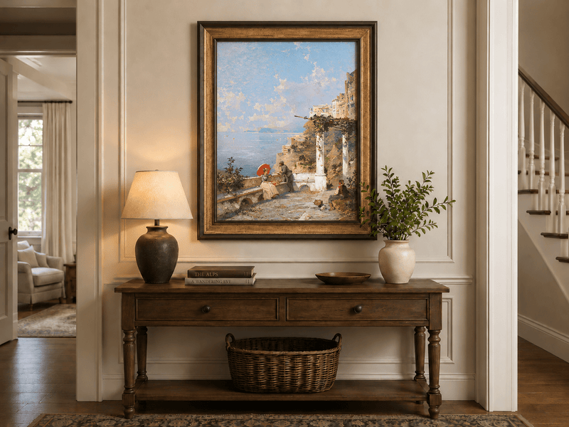 Landscape Oil Painting - Coastal Terrace with Red Parasol