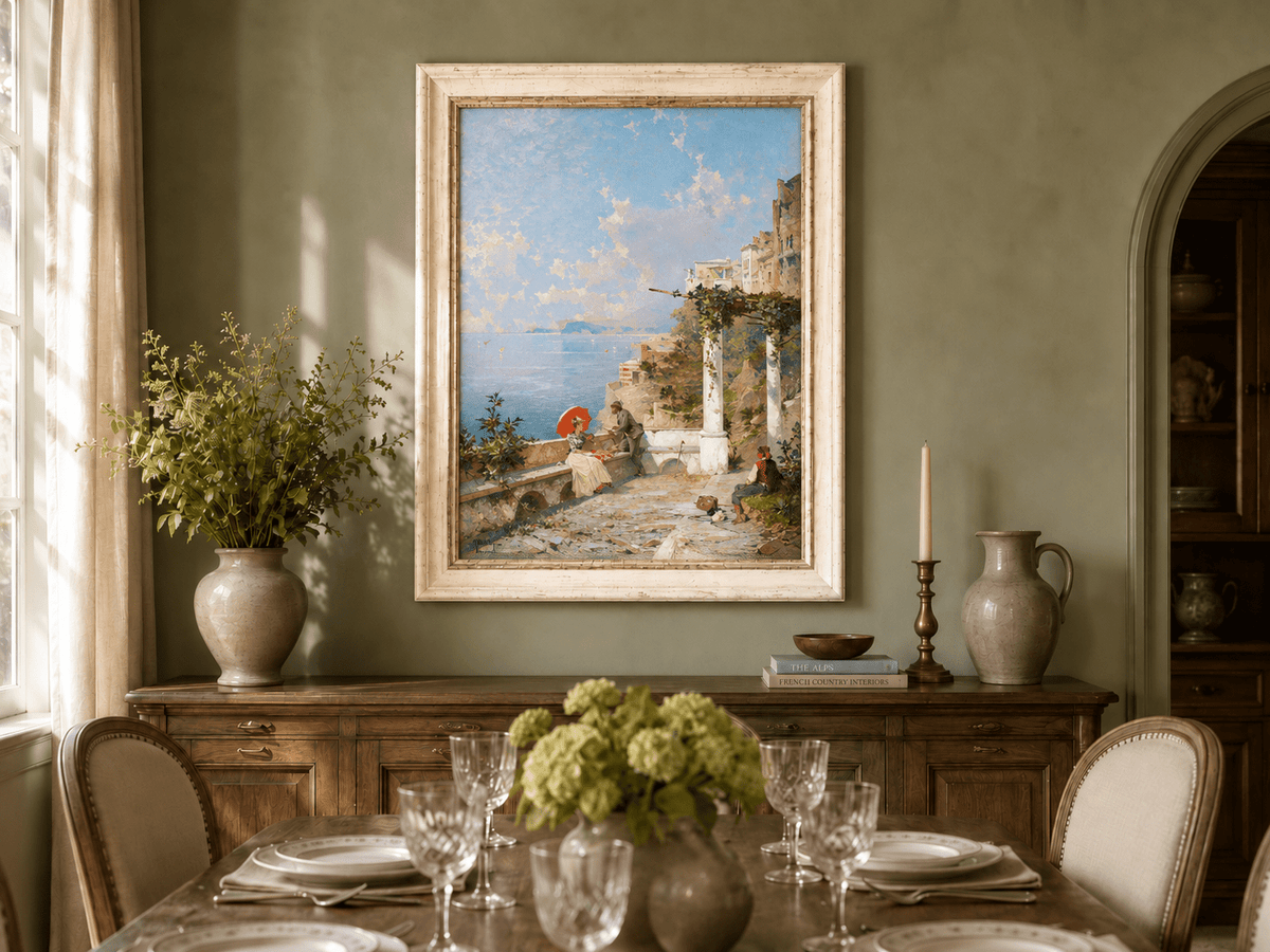 Landscape Oil Painting - Coastal Terrace with Red Parasol