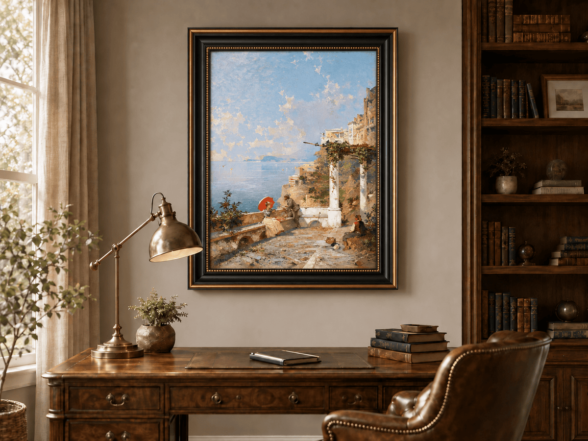 Landscape Oil Painting - Coastal Terrace with Red Parasol