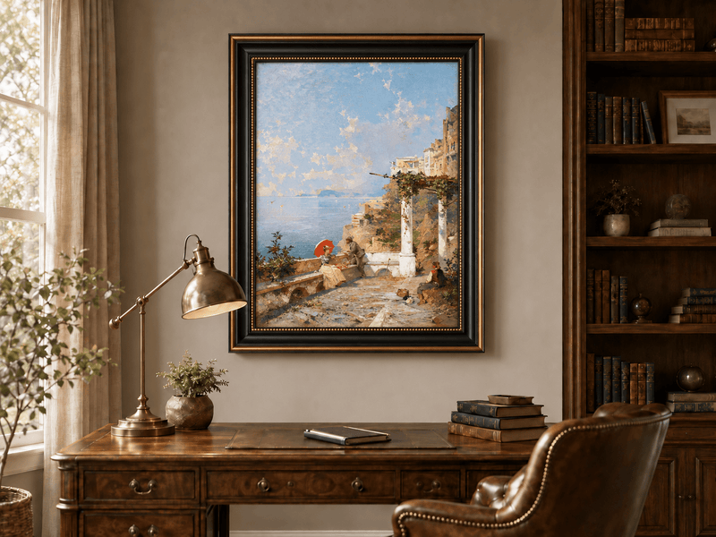 Landscape Oil Painting - Coastal Terrace with Red Parasol