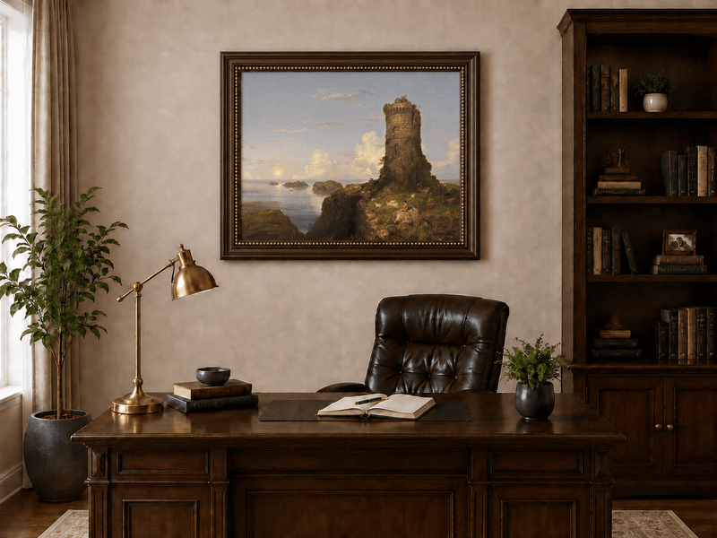 Landscape Oil Painting - Coastal Tower and Shepherd by the Sea