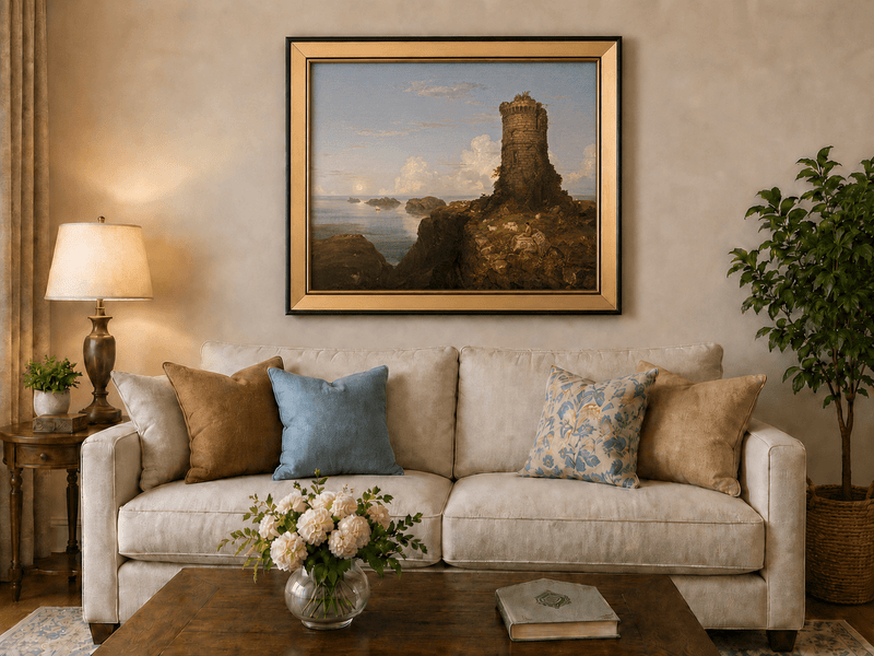 Landscape Oil Painting - Coastal Tower and Shepherd by the Sea