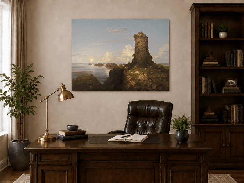 Landscape Oil Painting - Coastal Tower and Shepherd by the Sea