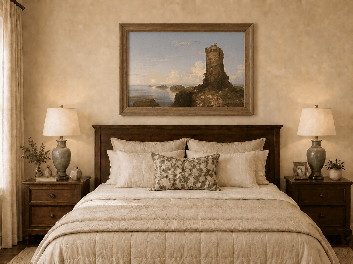 Landscape Oil Painting - Coastal Tower and Shepherd by the Sea