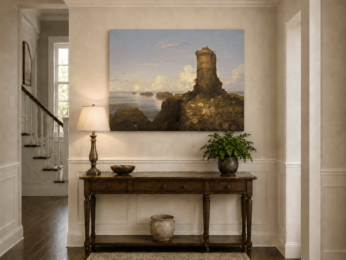 Landscape Oil Painting - Coastal Tower and Shepherd by the Sea