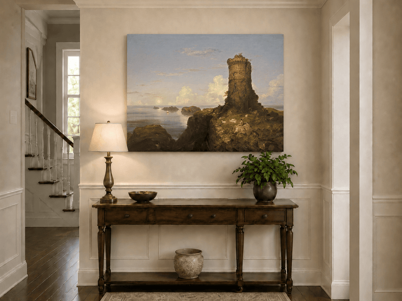 Landscape Oil Painting - Coastal Tower and Shepherd by the Sea