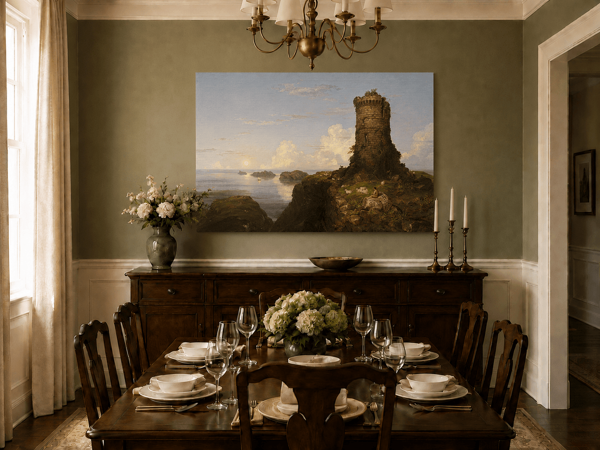 Landscape Oil Painting - Coastal Tower and Shepherd by the Sea