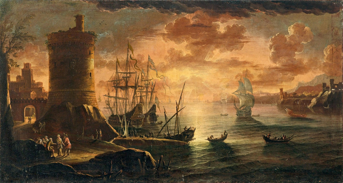 Landscape Oil Painting - Coastal tower dusk & sailing ships - Oil Painting Haven