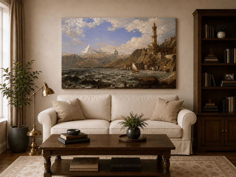 Landscape Oil Painting - Coastal Tower Rough Seas & Mountains