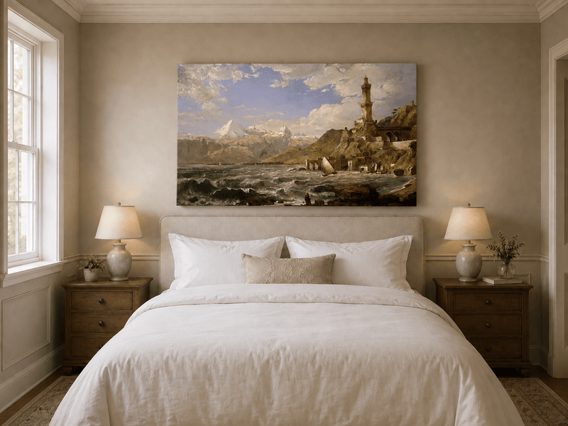Landscape Oil Painting - Coastal Tower Rough Seas & Mountains