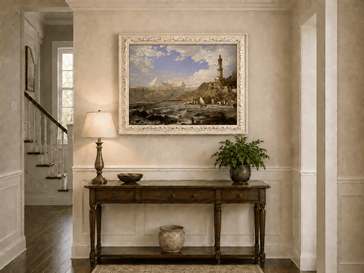 Landscape Oil Painting - Coastal Tower Rough Seas & Mountains
