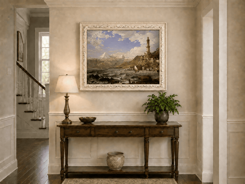 Landscape Oil Painting - Coastal Tower Rough Seas & Mountains