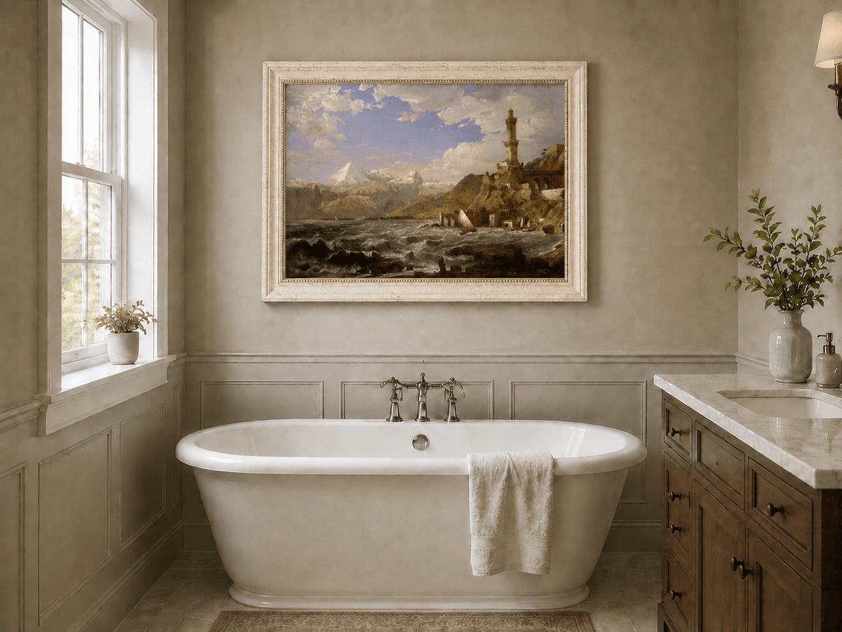 Landscape Oil Painting - Coastal Tower Rough Seas & Mountains
