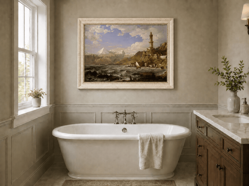 Landscape Oil Painting - Coastal Tower Rough Seas & Mountains