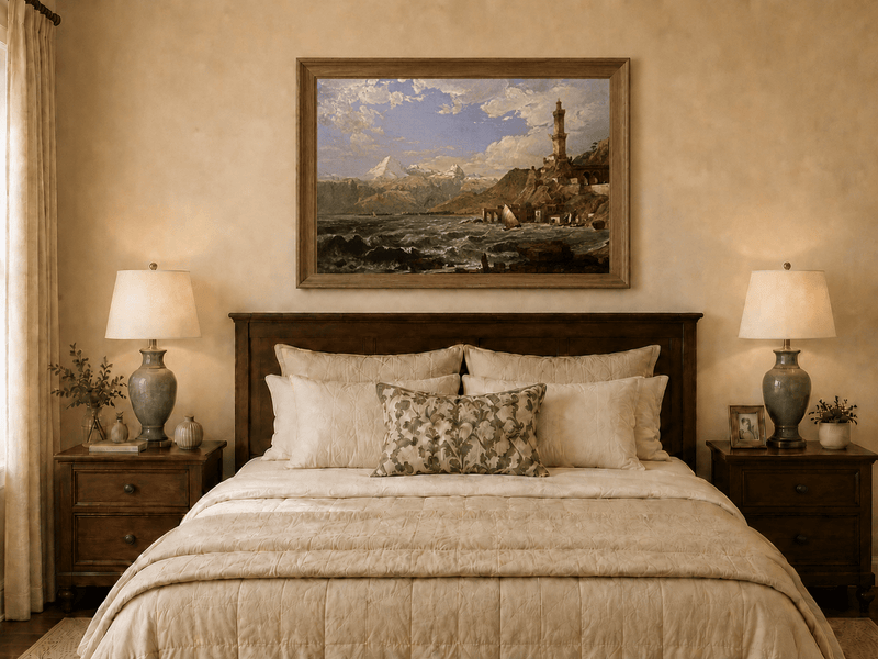 Landscape Oil Painting - Coastal Tower Rough Seas & Mountains