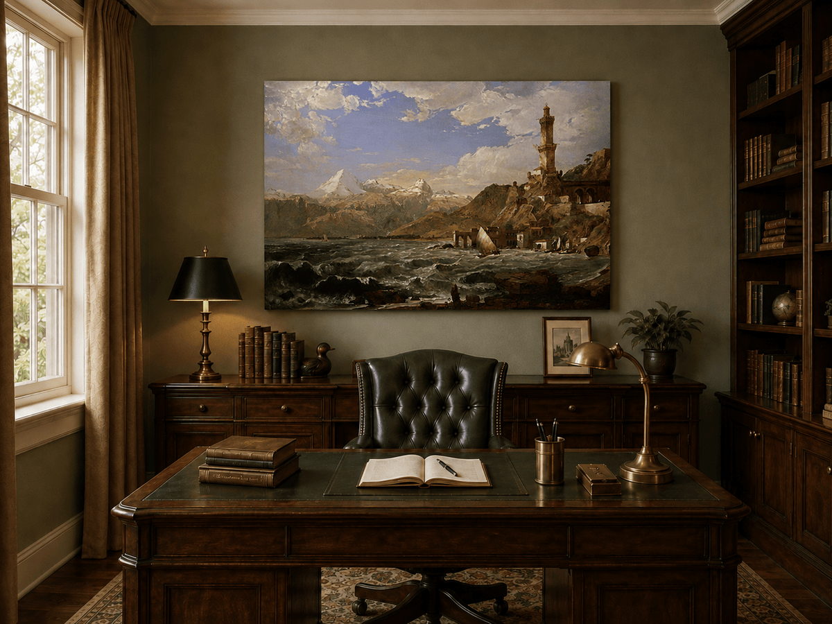 Landscape Oil Painting - Coastal Tower Rough Seas & Mountains
