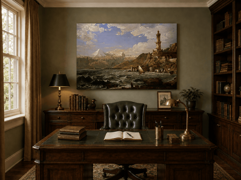 Landscape Oil Painting - Coastal Tower Rough Seas & Mountains