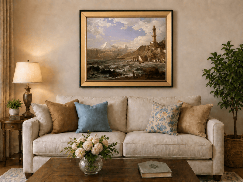 Landscape Oil Painting - Coastal Tower Rough Seas & Mountains