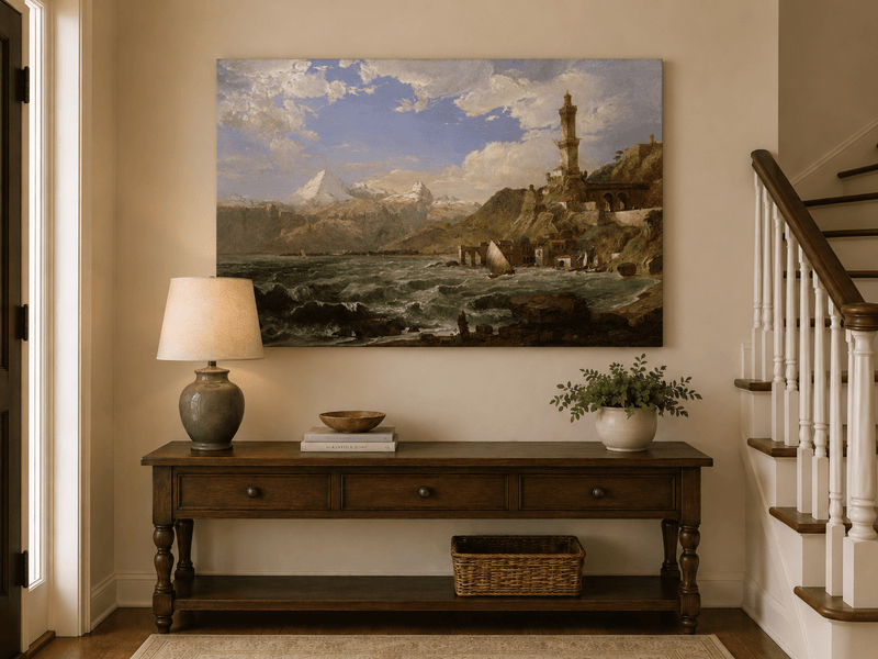 Landscape Oil Painting - Coastal Tower Rough Seas & Mountains