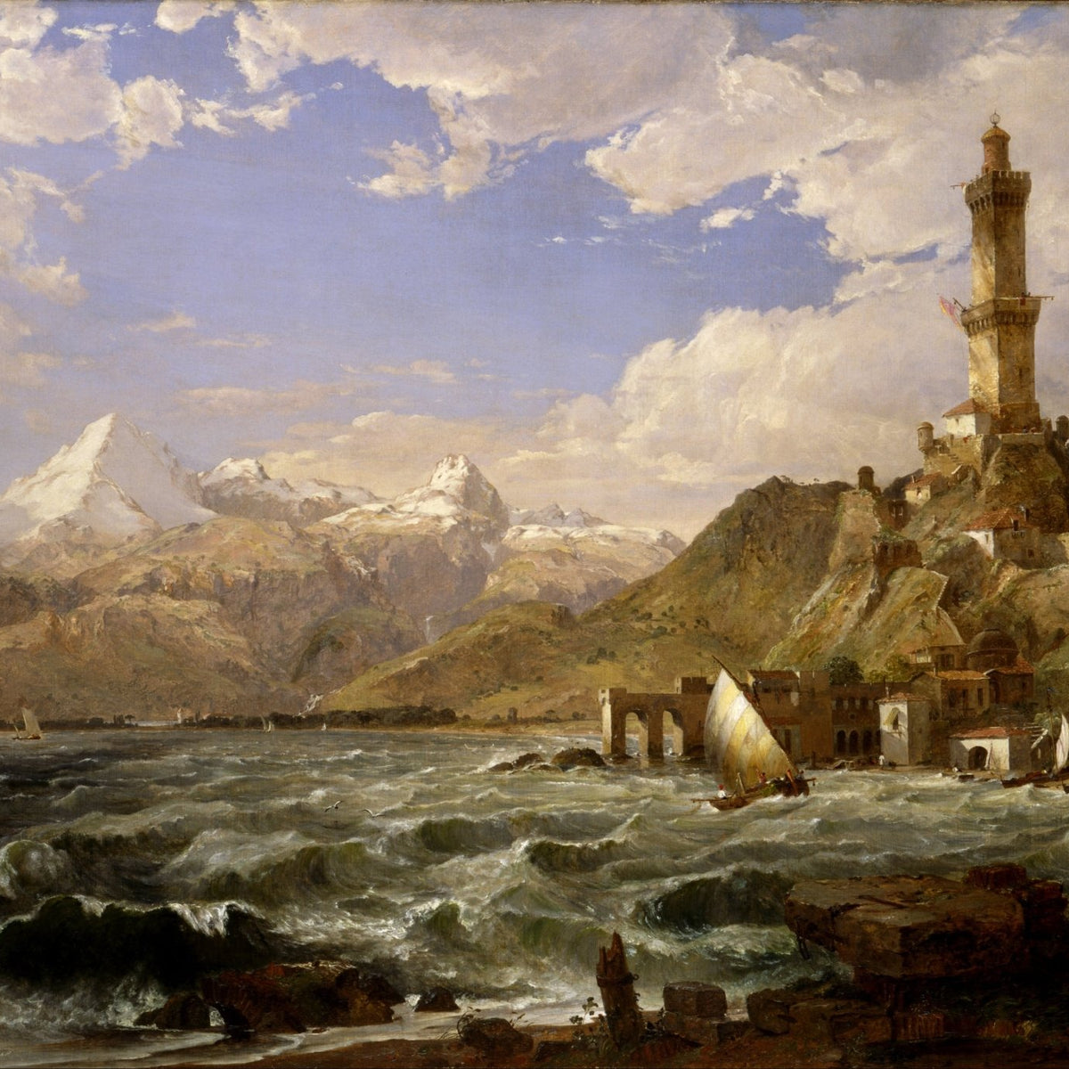 Landscape Oil Painting - Coastal Tower with Rough Seas and Mountains - Oil Painting Haven