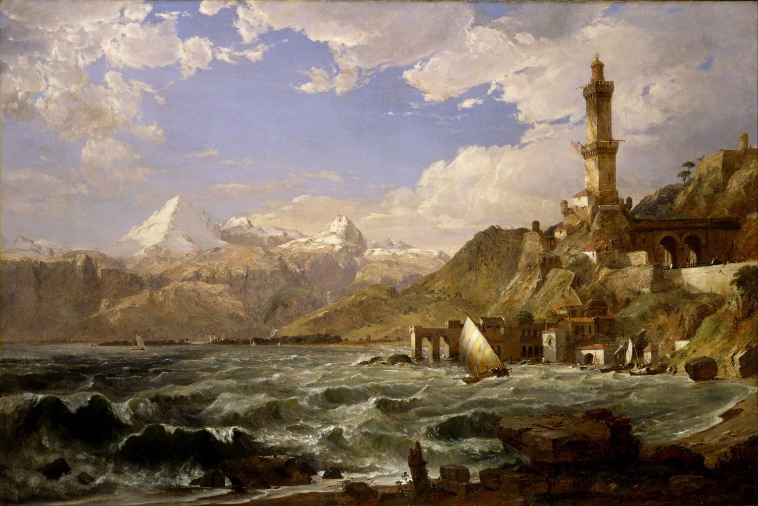 Landscape Oil Painting - Coastal Tower with Rough Seas and Mountains - Oil Painting Haven