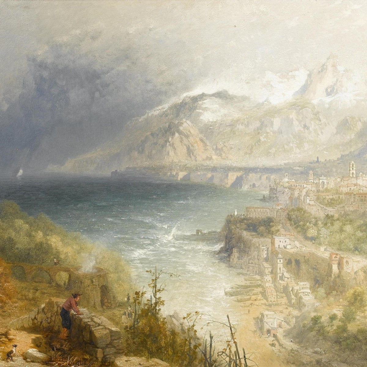 Landscape Oil Painting - Coastal Town and Mountain Bay View - Oil Painting Haven