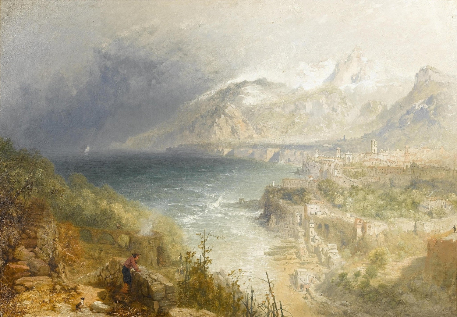 Hand-painted coastal town and mountain bay view landscape oil painting on canvas