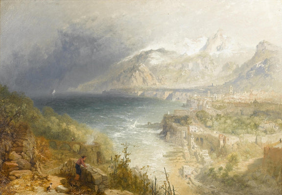Landscape Oil Painting - Coastal Town and Mountain Bay View - Oil Painting Haven