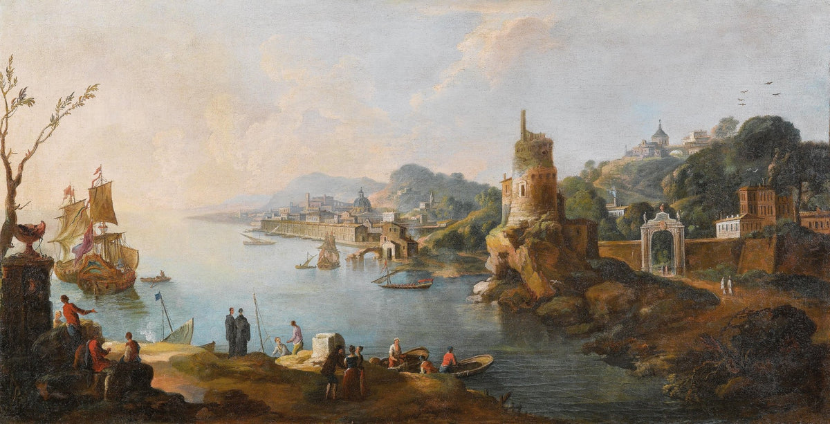 Landscape Oil Painting - Coastal Town, Rock Tower & Shore Crowds - Oil Painting Haven