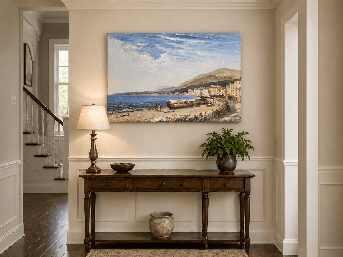 Peinture à l'huile de paysage - Ville côtière avec bateaux et personnages