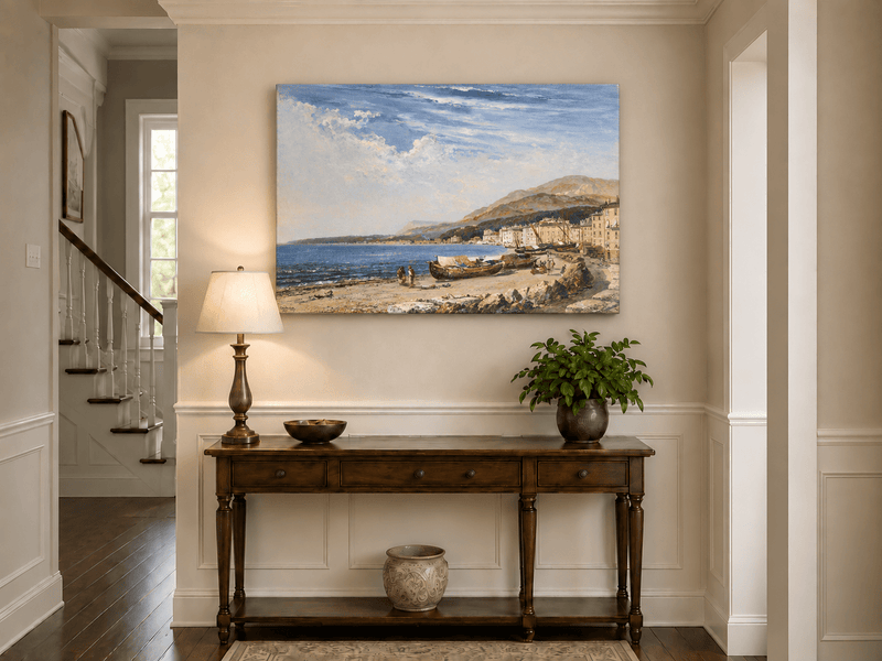 Peinture à l'huile de paysage - Ville côtière avec bateaux et personnages