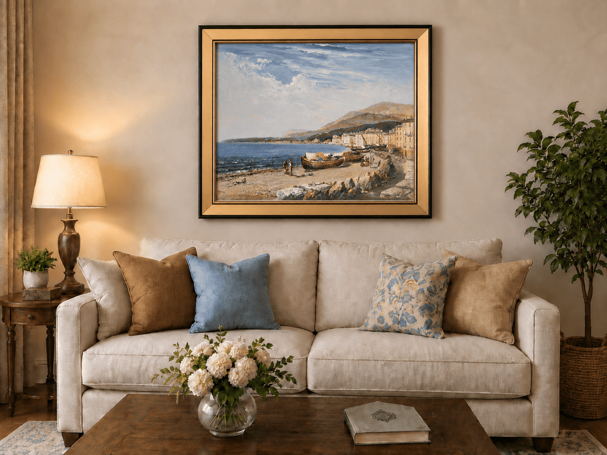 Peinture à l'huile de paysage - Ville côtière avec bateaux et personnages