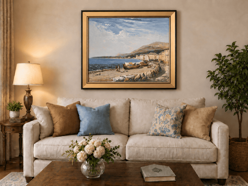 Peinture à l'huile de paysage - Ville côtière avec bateaux et personnages