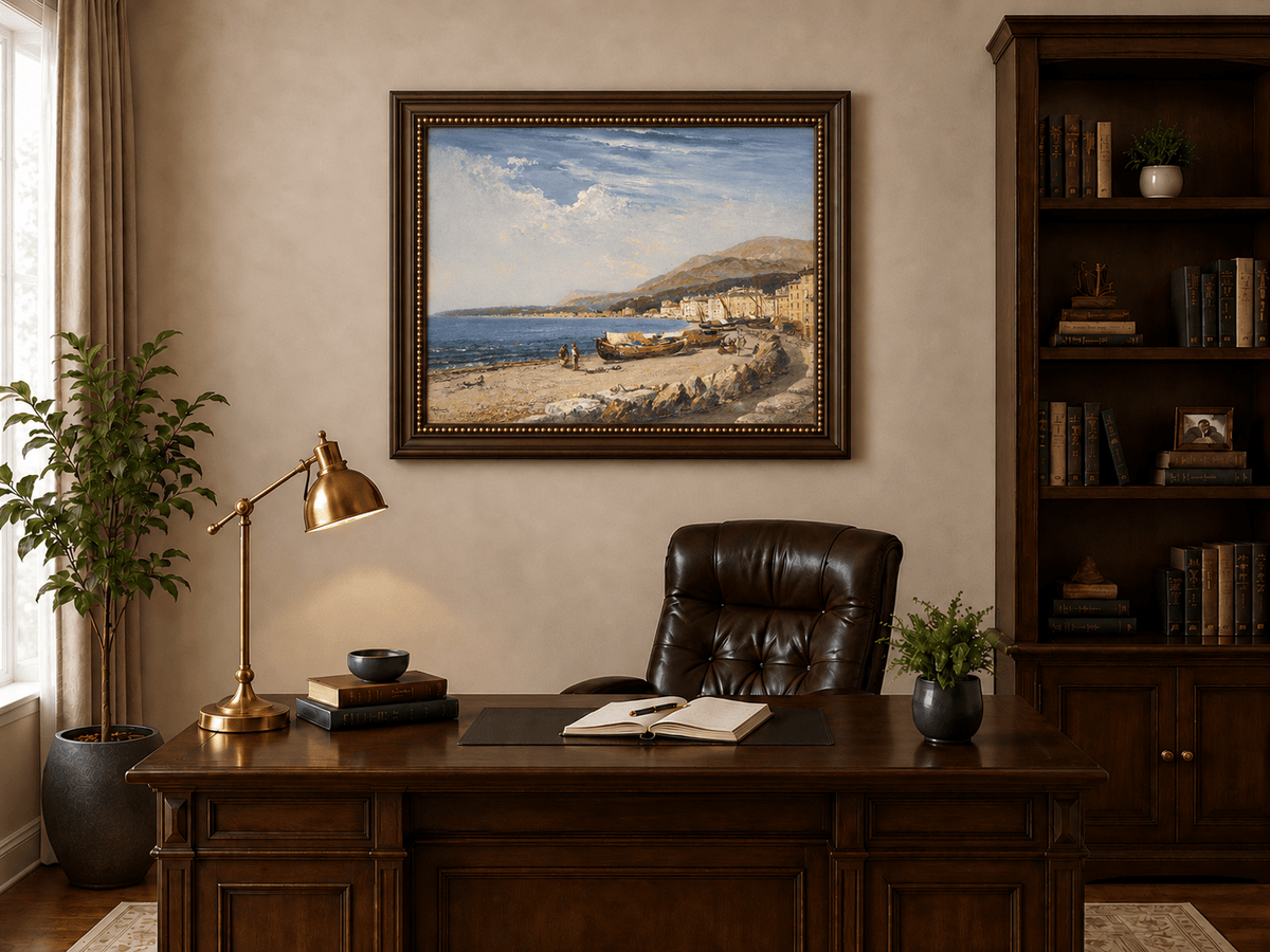 Peinture à l'huile de paysage - Ville côtière avec bateaux et personnages